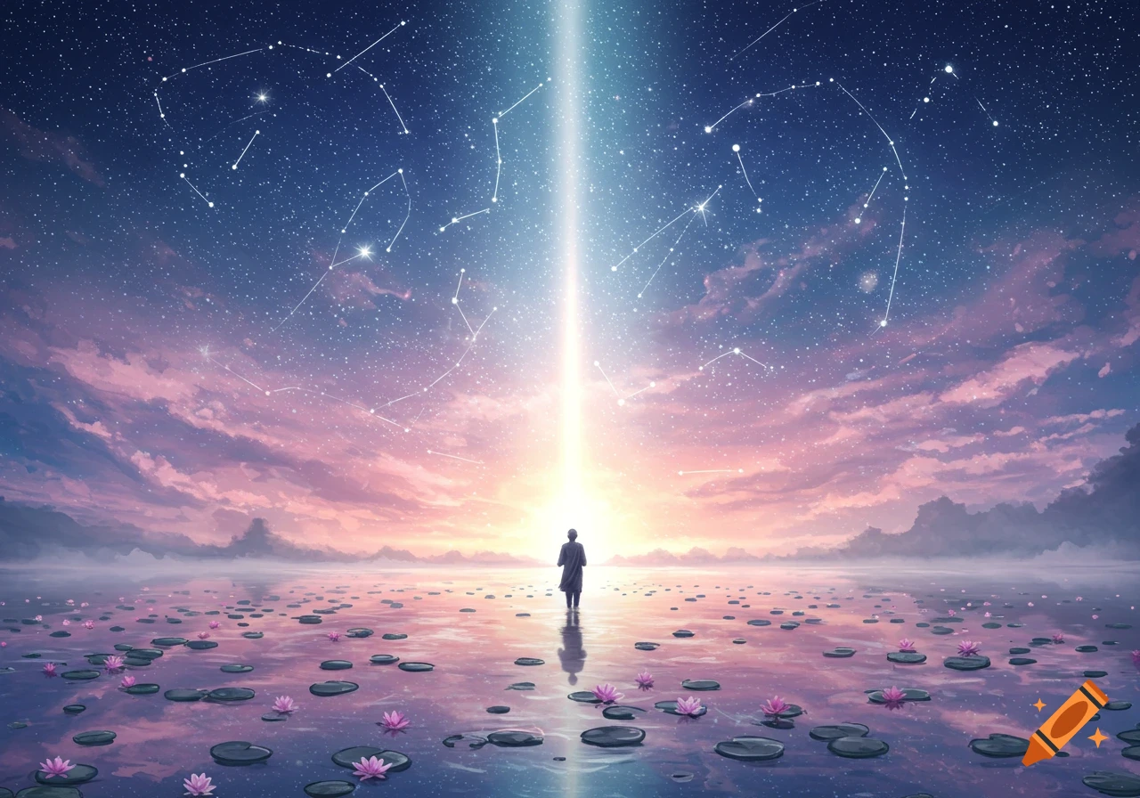 A lone figure stands in water with lotus flowers under a starry, cloud-streaked sky with constellations and a bright beam of light, in an anime style.