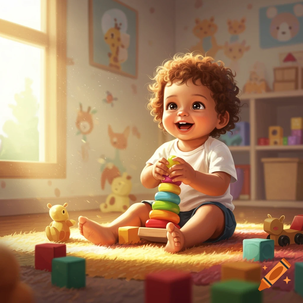 A happy toddler with curly hair plays with colorful stacking rings and blocks on a rug in a sunlit room filled with toys.