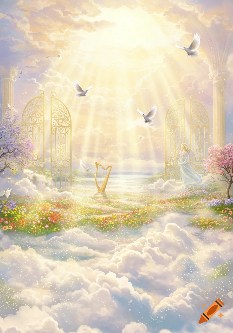 A bright, ethereal scene of heaven with golden gates, an angel, a harp, doves flying through sunlit clouds, and fields of colorful flowers.