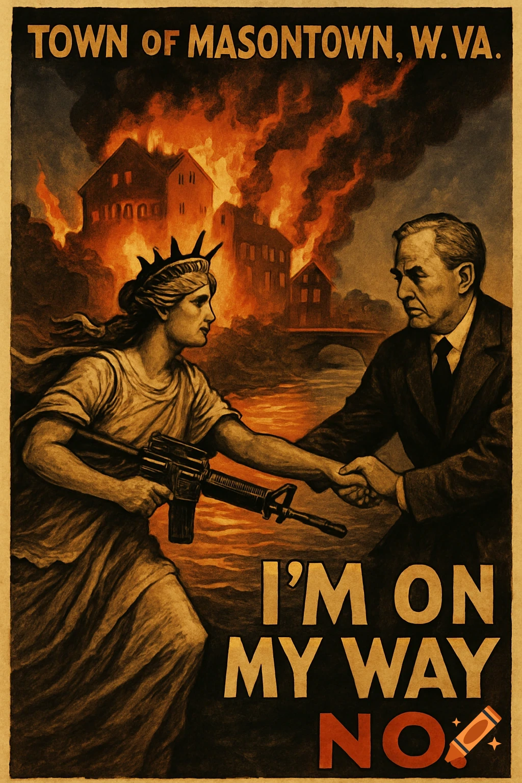 Vintage propaganda poster: Lady Liberty with a rifle shakes hands with a man as a town burns. Text: 'TOWN OF MASONTOWN, W. VA. I'M ON MY WAY NO.'