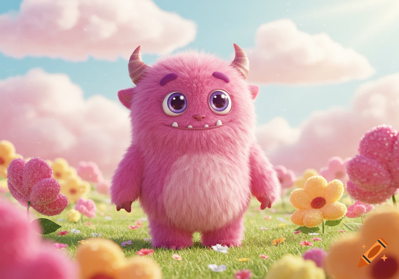 A fluffy, pink, horned monster with big eyes smiles in a bright, sunny field of colorful, sugary flowers under a blue sky with pink clouds.