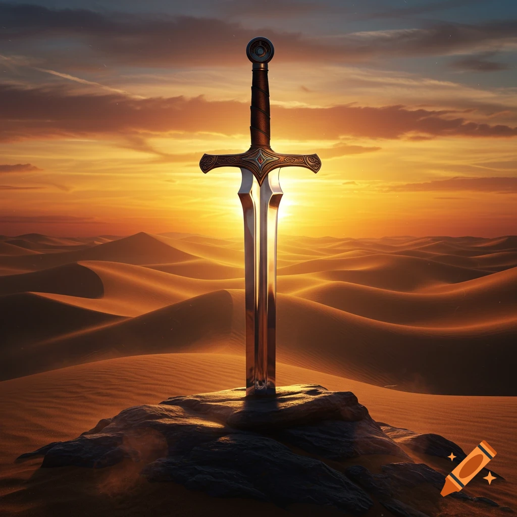 A majestic sword plunged into a rock in a golden desert landscape at sunset, with vast sand dunes stretching to the horizon.