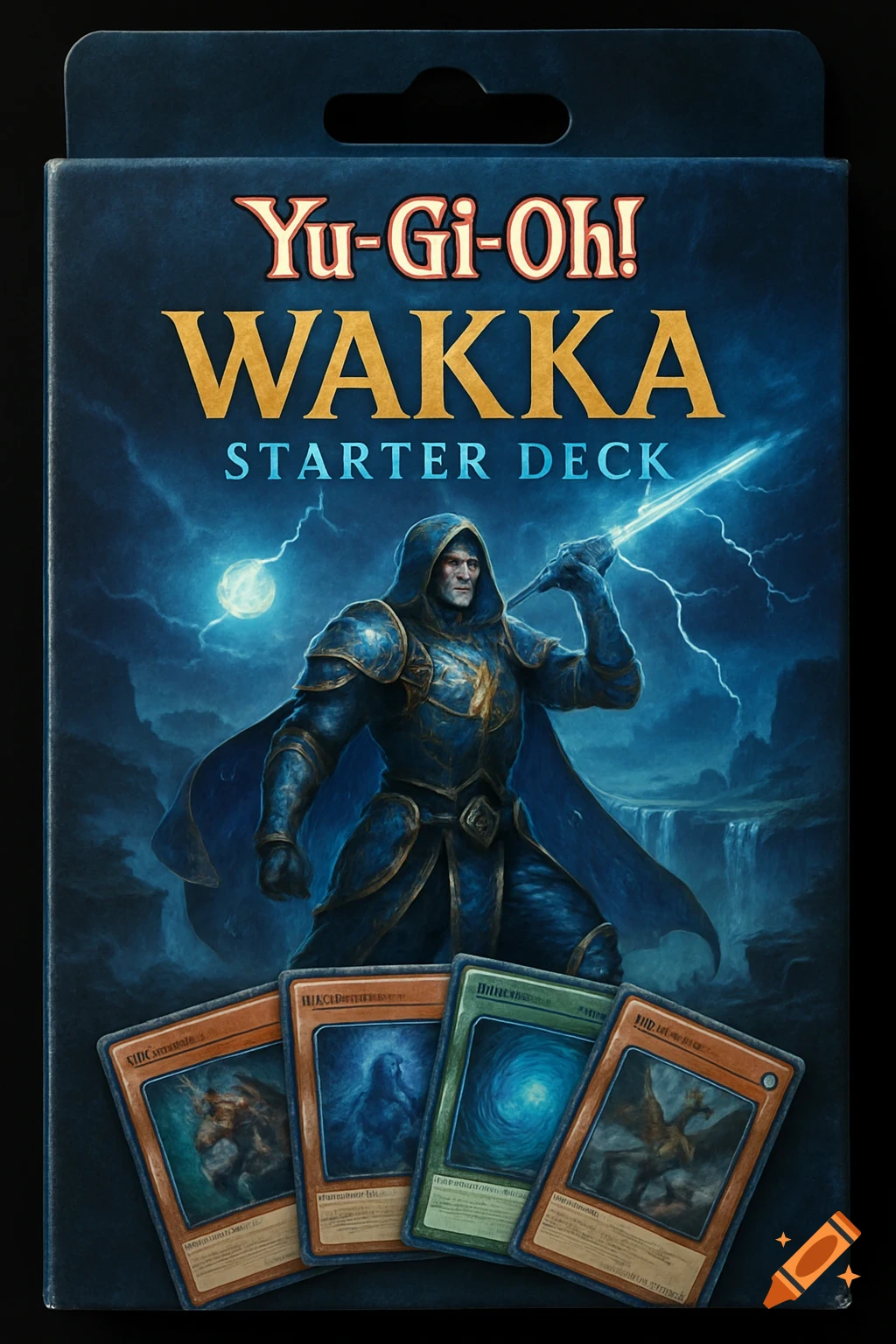 Yu-Gi-Oh! Wakka Starter Deck box art showing a hooded armored figure with a glowing sword under a stormy sky, with cards below.