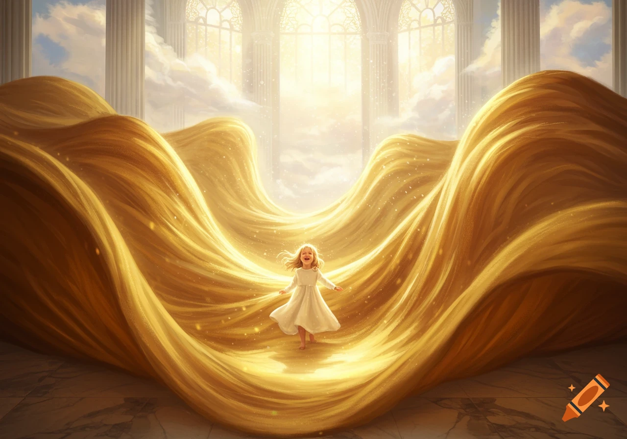 A joyful child in a white dress runs barefoot through immense, flowing golden fabric in a grand, sunlit heavenly hall.