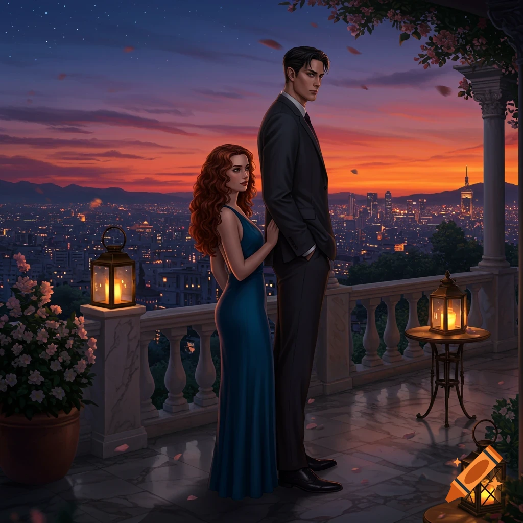 A man and woman on a balcony overlook a city skyline at sunset, digital art.