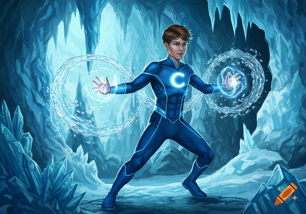 A teen superhero in a blue suit with a glowing C emblem conjuring water energy in an ice cave, comic art style.