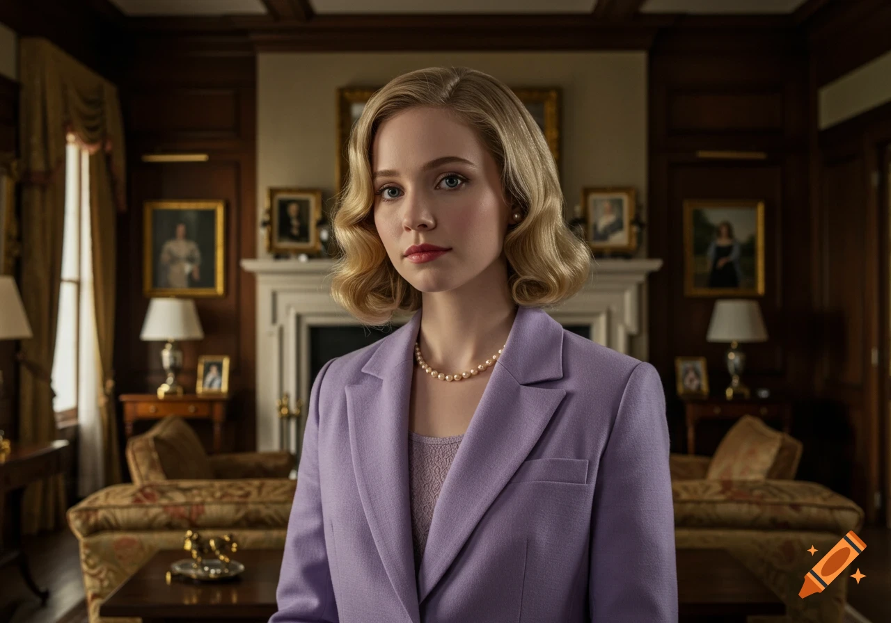 A young woman with blonde, wavy hair in a lavender blazer and pearl necklace, stands in a luxurious, wood-paneled room. Photorealistic.