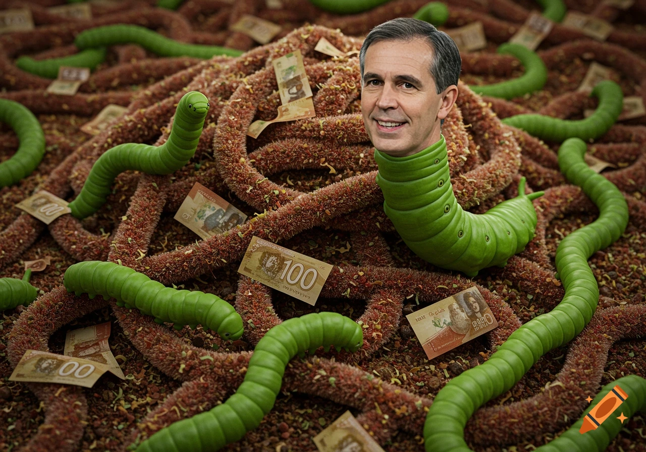 A man's head on a green worm body emerges from a brown shag carpet made of money, surrounded by other green worms and scattered bills.