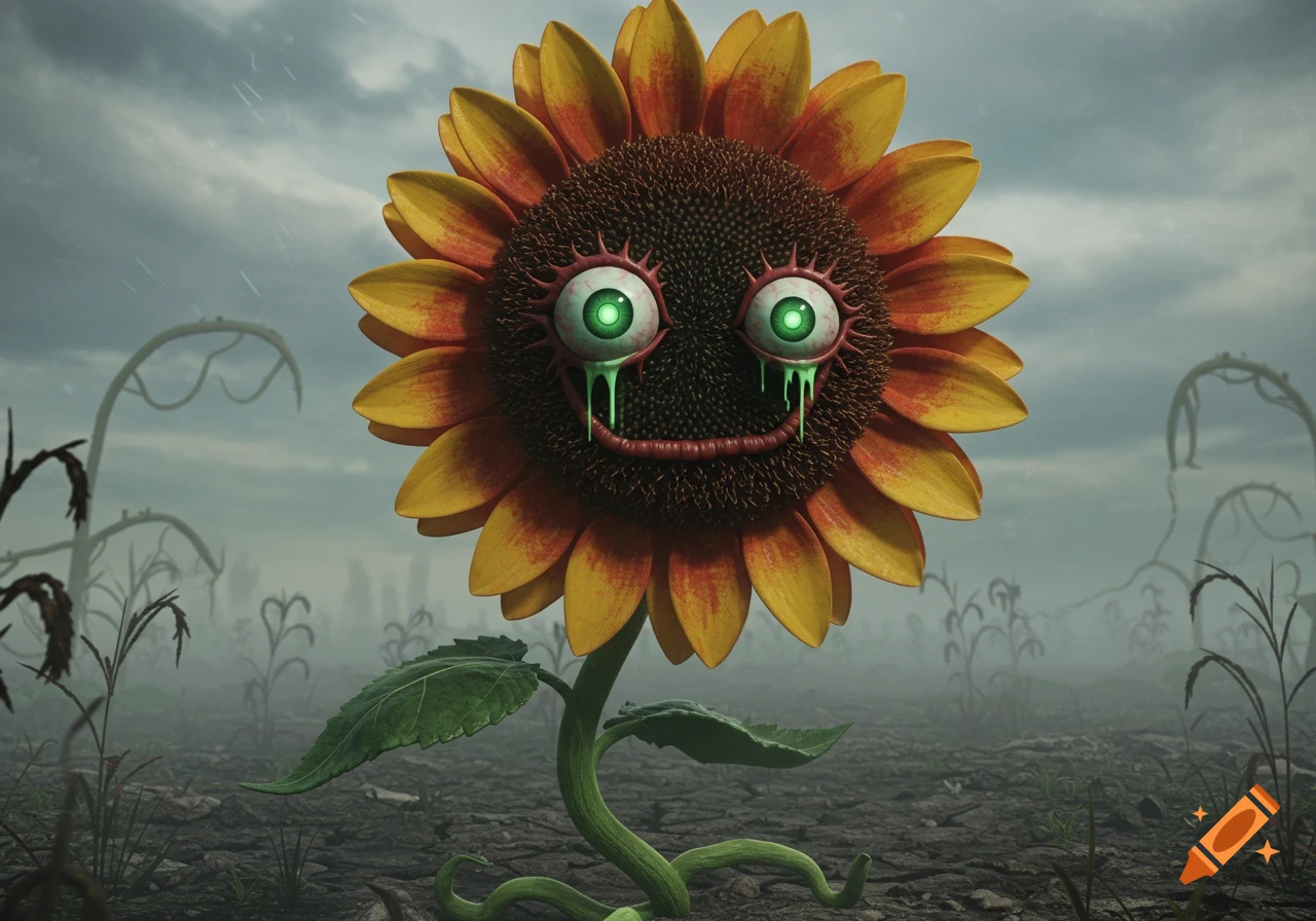 A creepy cartoon sunflower with glowing green, bloodshot eyes dripping slime and a stitched smile stands in a desolate, stormy field.