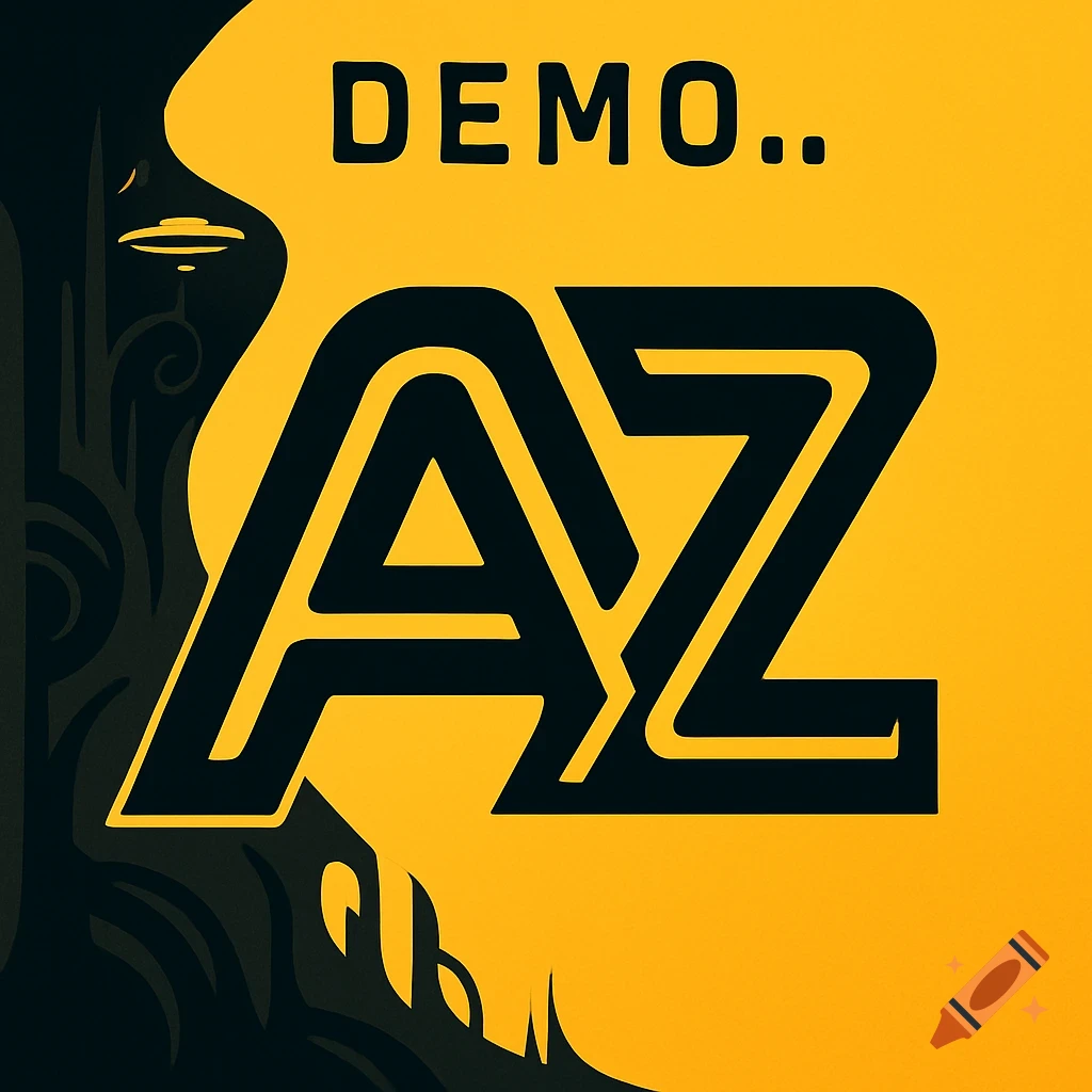 Stylized black 'AZ' logo with 'DEMO..' text above, on a vibrant yellow and dark background with abstract alien city shapes.