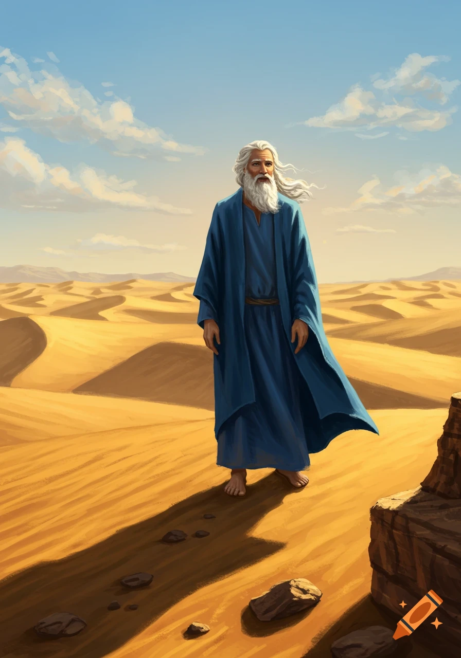 An old man with a long white beard and blue robes stands in a sunny desert with sand dunes. Illustration.