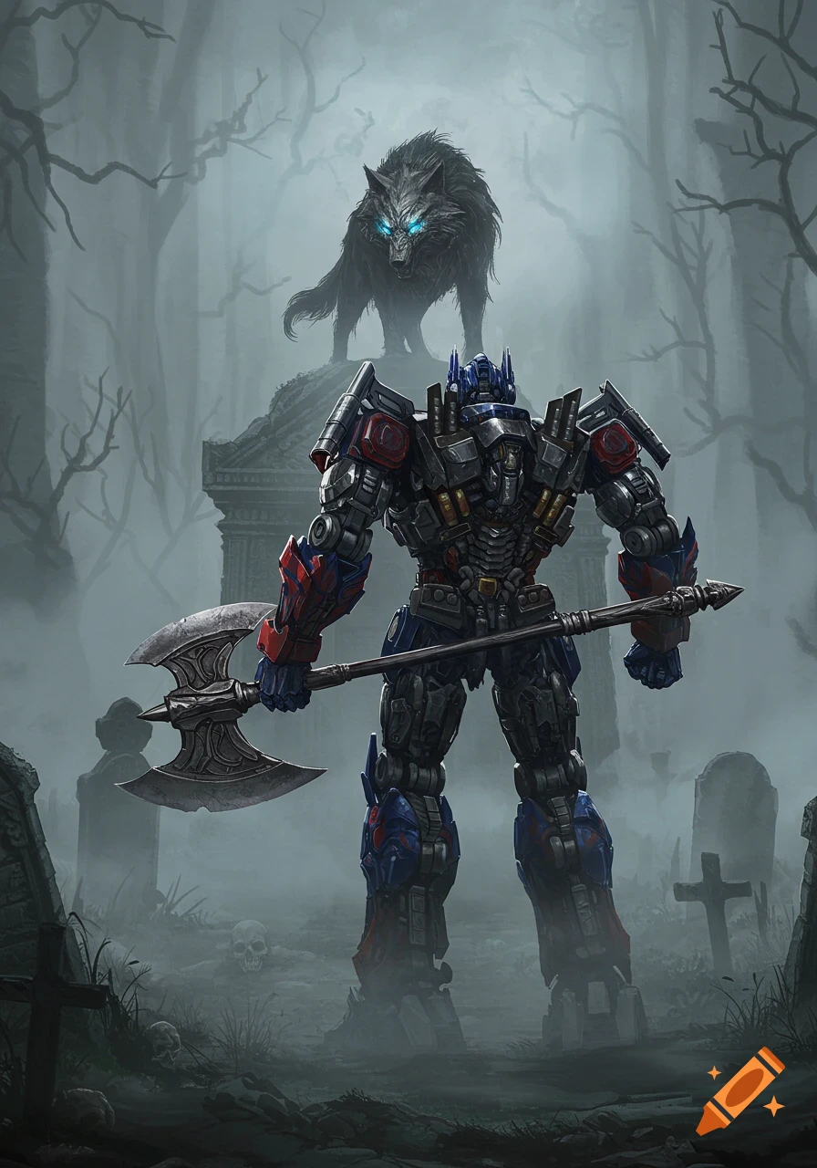 Optimus Prime with an axe confronts a large, glowing-eyed wolf in a dark, foggy graveyard with tombs. Dark fantasy art.