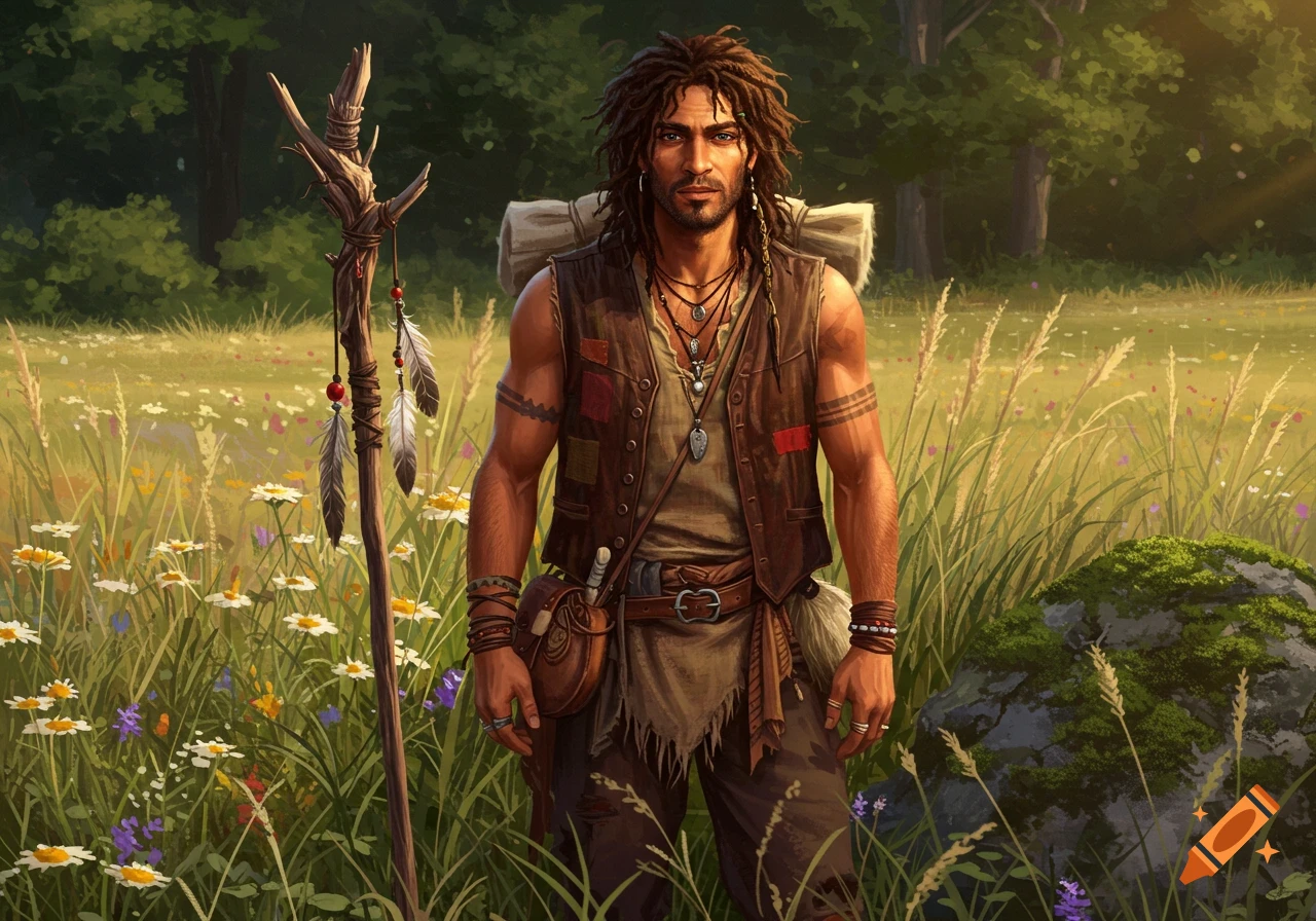 A rugged man with dreadlocks and a vest stands in a sunny meadow with wildflowers, holding a staff. Digital painting.