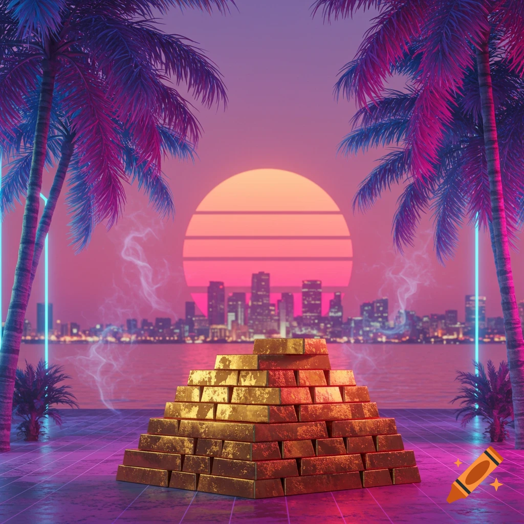 Vaporwave cityscape at sunset with palm trees, neon light accents, and a pyramid of gold bars in the foreground.