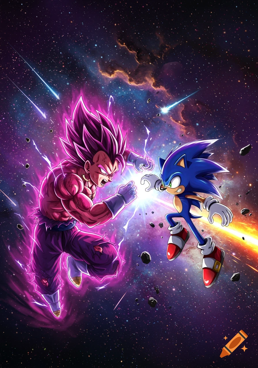 Ultra Ego Vegeta and Sonic the Hedgehog clash with energy in a vibrant anime illustration set against a starry space background.