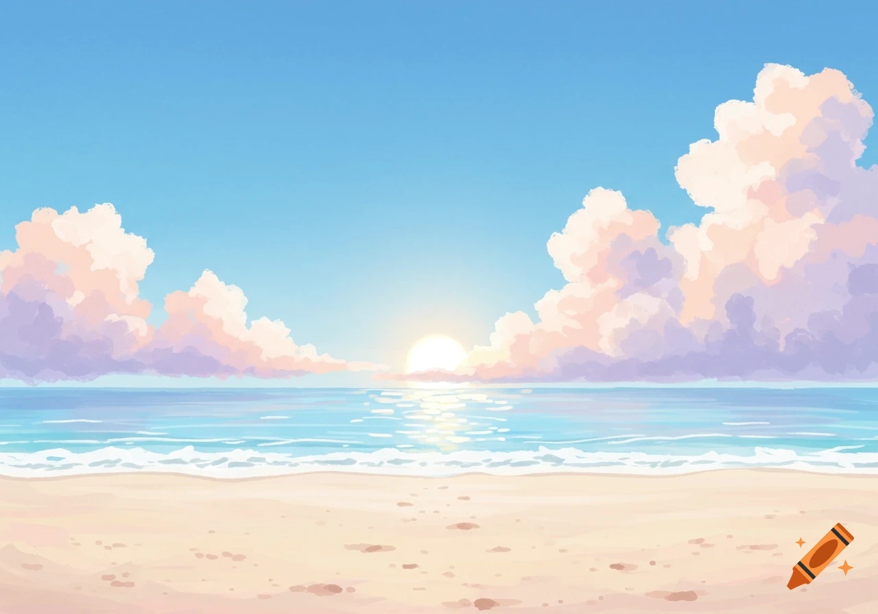 Anime style beach with pastel clouds, ocean waves, and a bright sun setting over the water.