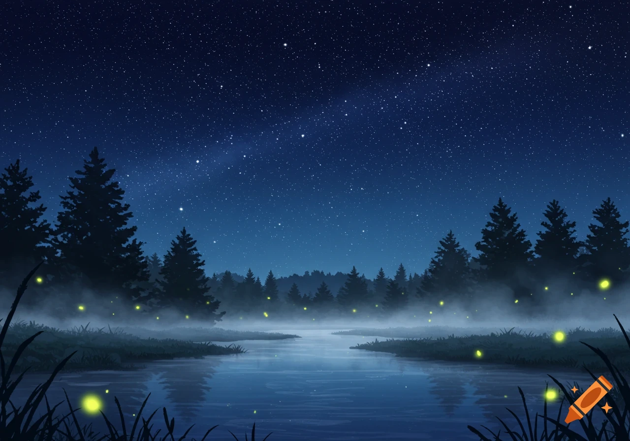 Stylized illustration of a tranquil night scene with a river reflecting a starry sky, surrounded by pine trees, mist, and glowing fireflies.