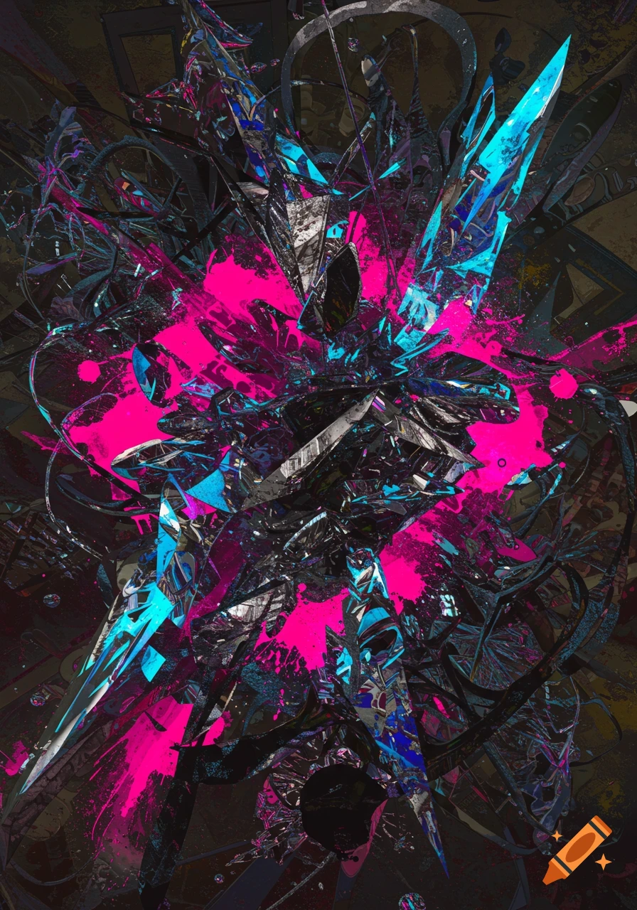Abstract composition of jagged silver, black, and blue crystalline forms with vibrant neon pink splashes.