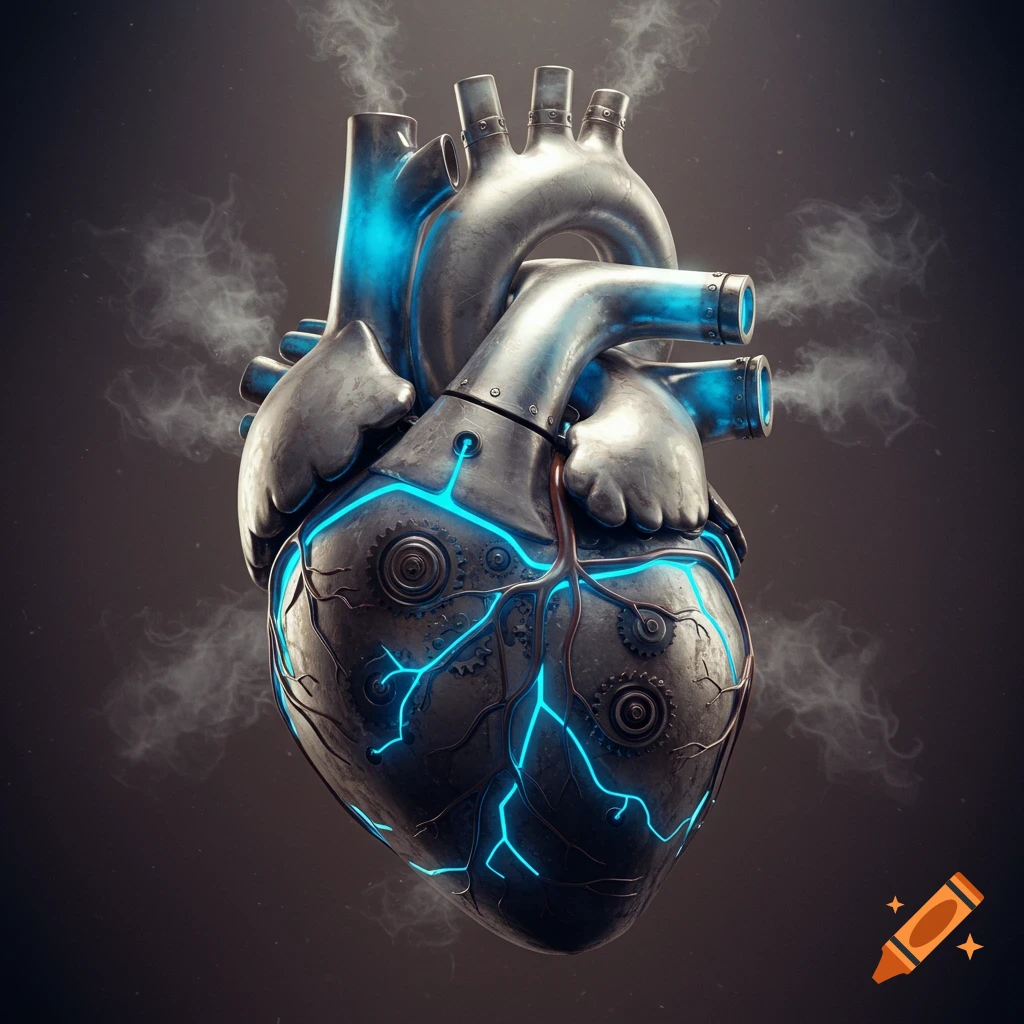 Detailed silver mechanical heart engine with glowing blue veins, gears, and smoke against a dark background.