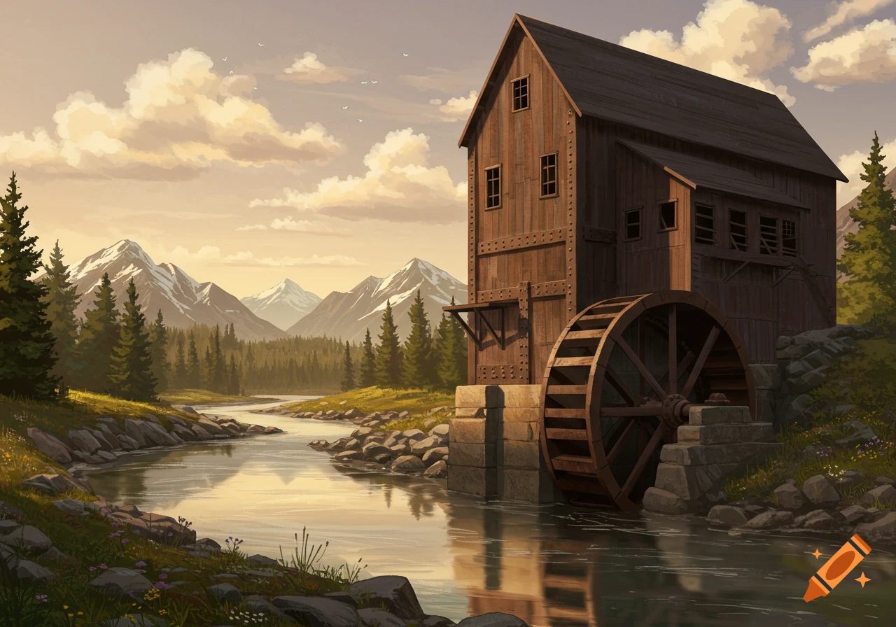 A wooden water mill beside a river, with pine trees and snow-capped mountains under a cloudy sky in a painted style.