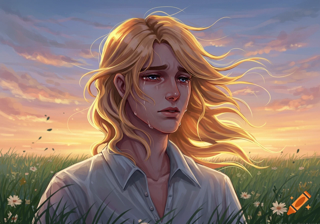 Anime-style portrait of a blonde man crying in a field with wildflowers during a sunset.