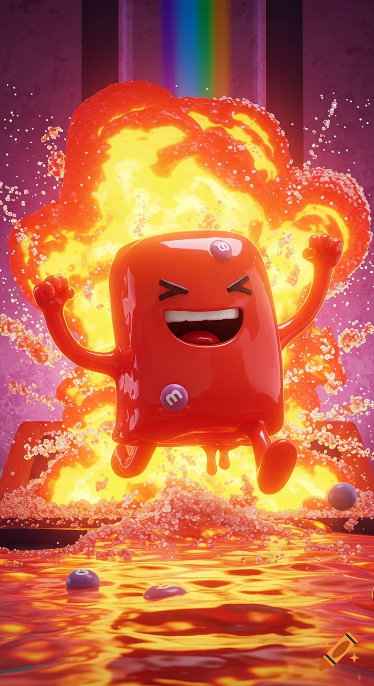 A vibrant cartoon candy character, Gooey Greg, bursts from a molten sugar explosion with rainbow light in a candy factory.