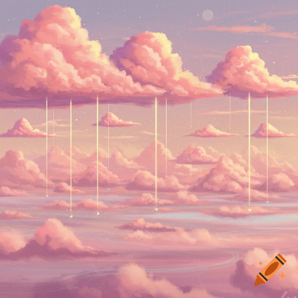 Dreamy pastel sky filled with fluffy pink clouds and ethereal golden light beams, creating a mystical atmosphere.