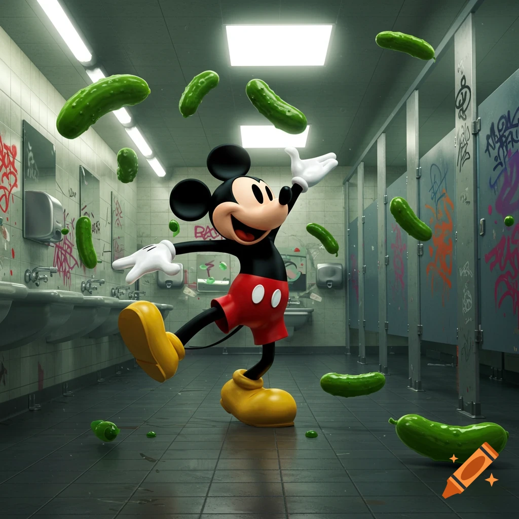 Mickey Mouse breakdancing in a graffiti-covered public bathroom as pickles fly around him.