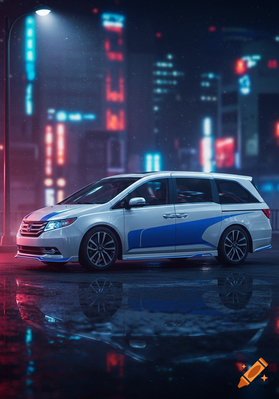 A white Honda Odyssey minivan with a blue racing stripe parked on a wet street at night, reflecting neon city lights.