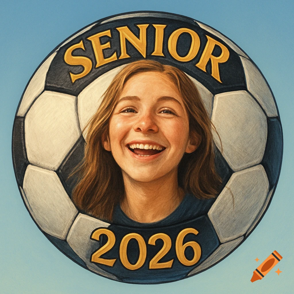 A smiling girl's portrait centered within a soccer ball. Gold text reads 'SENIOR' at the top and '2026' at the bottom.