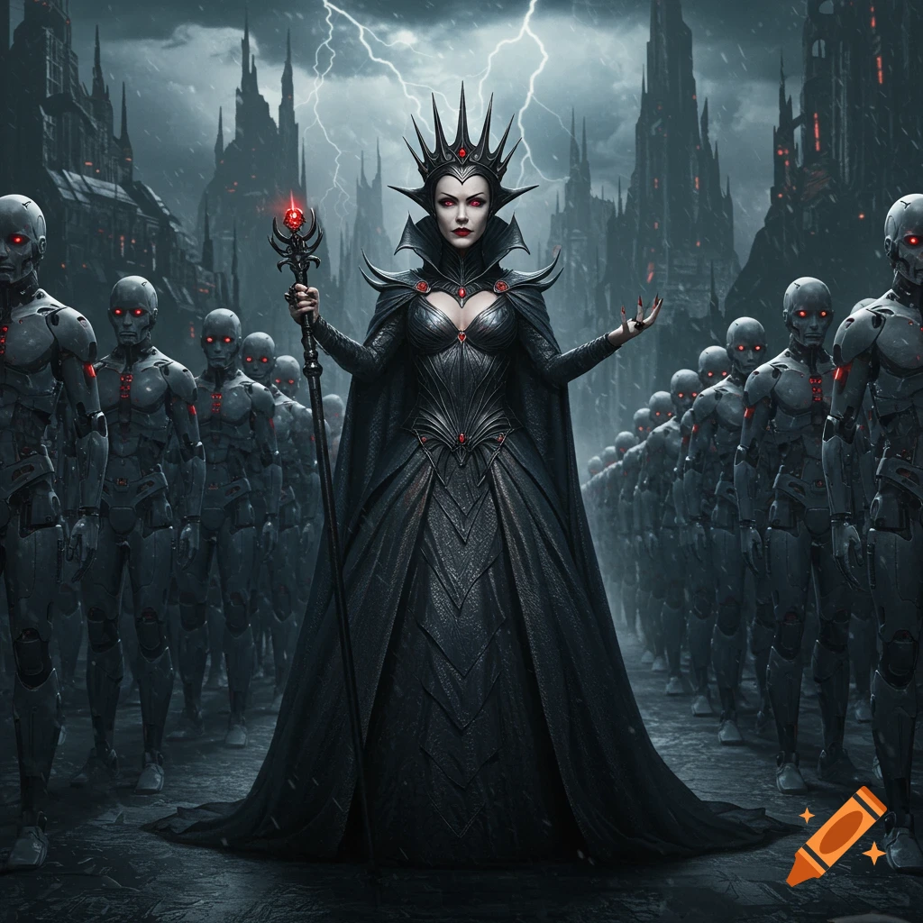 An evil queen in a dark gown and crown stands before her army of robots in a stormy, gothic city under lightning.