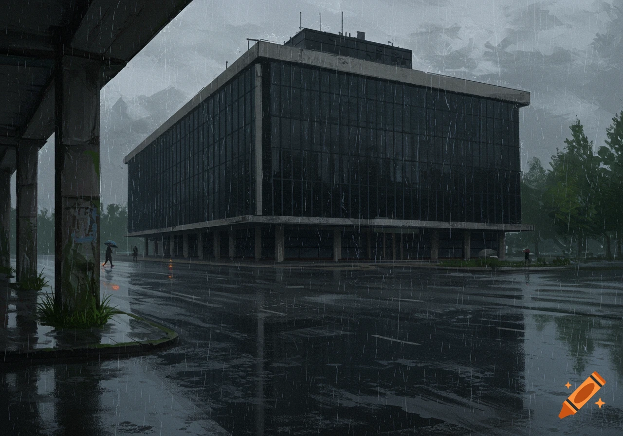 A gloomy, rainy scene of a dark glass commercial building with reflections on the wet street and a few people with umbrellas.