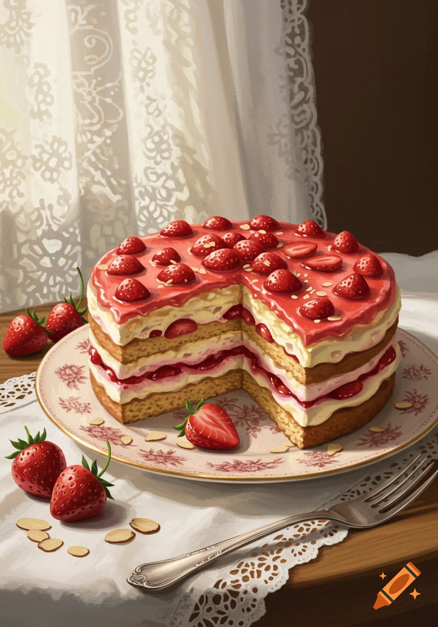 A vibrant, illustrative strawberry layer cake with a slice removed, on a decorative plate next to a fork.