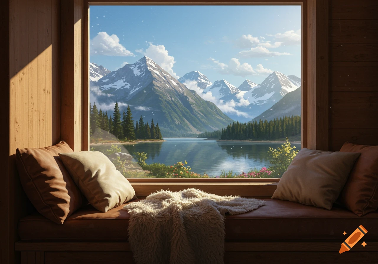 A cozy window seat with pillows and a blanket overlooks a serene lake surrounded by forests and majestic snow-capped mountains under a blue sky.