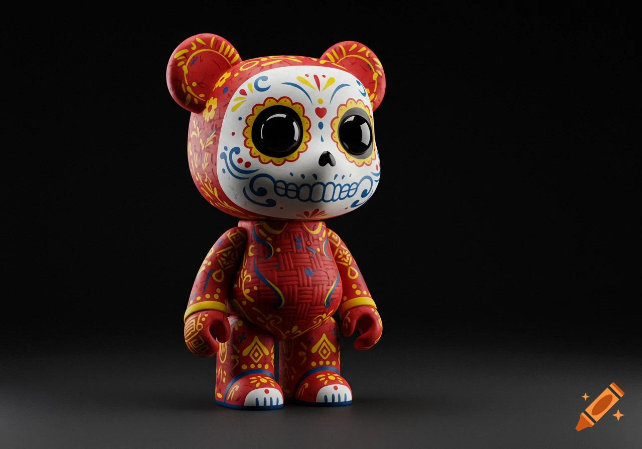 A stylized red vinyl figure decorated with intricate yellow, white, and blue patterns in a Mexican Day of the Dead sugar skull style, standing against a dark background.