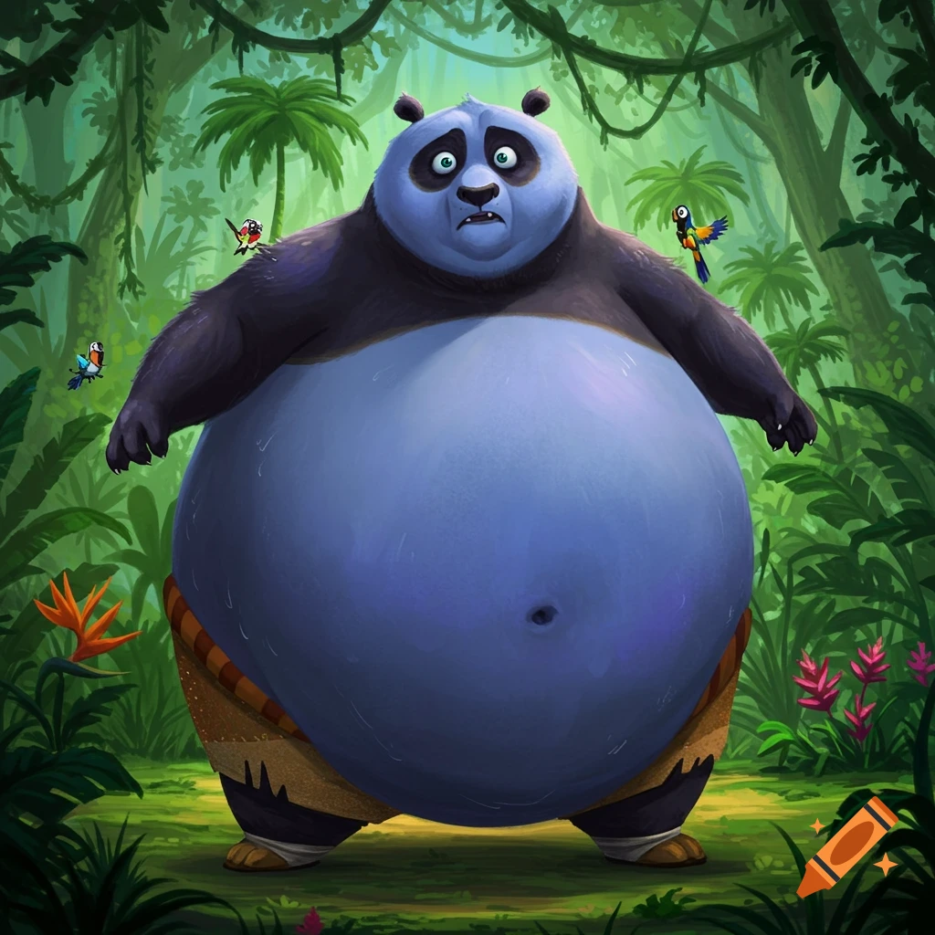 A blue-skinned Po from Kung Fu Panda, inflated like a giant blueberry, stands with a nervous expression in a lush jungle.