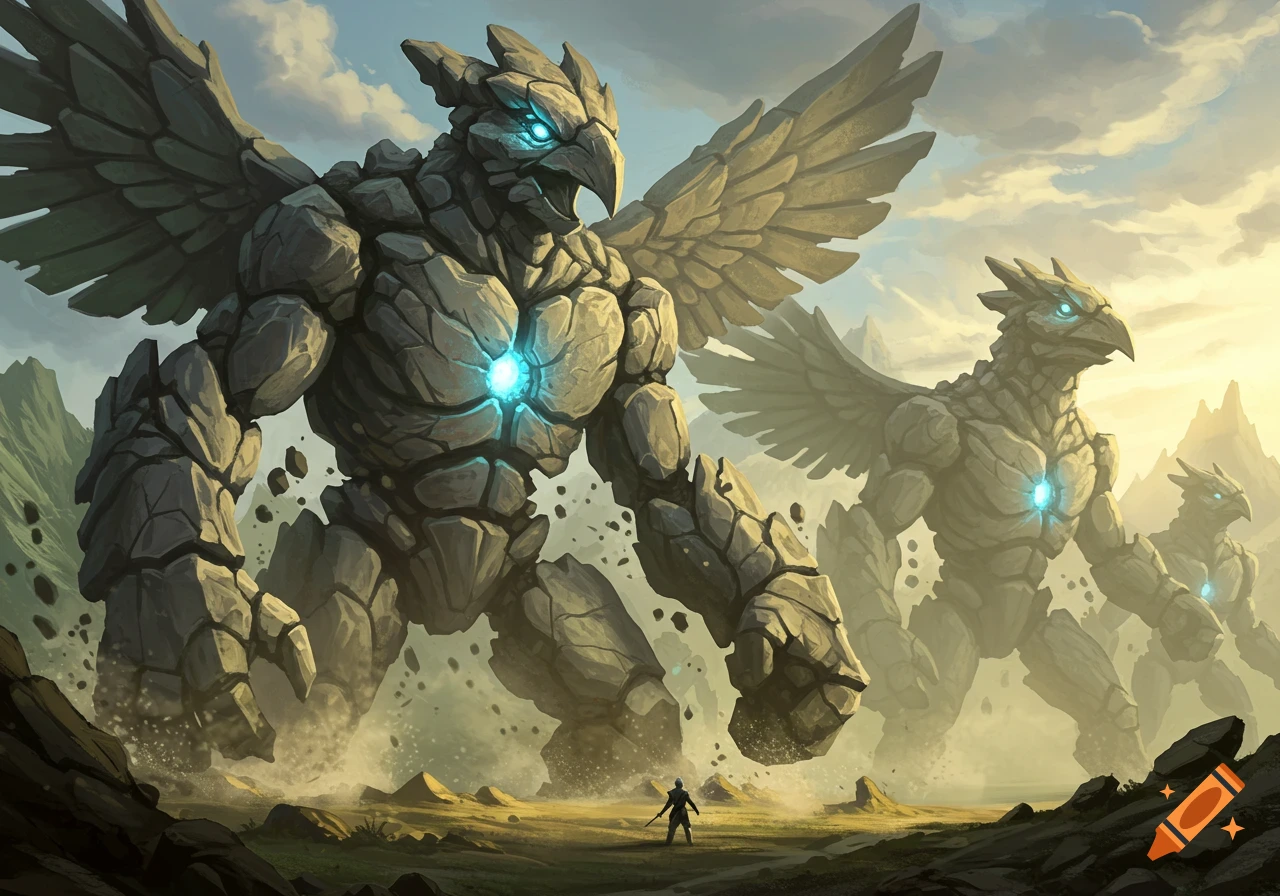 Three colossal winged rock golems with glowing chests and eyes march across a barren landscape, dwarfing a tiny human figure.