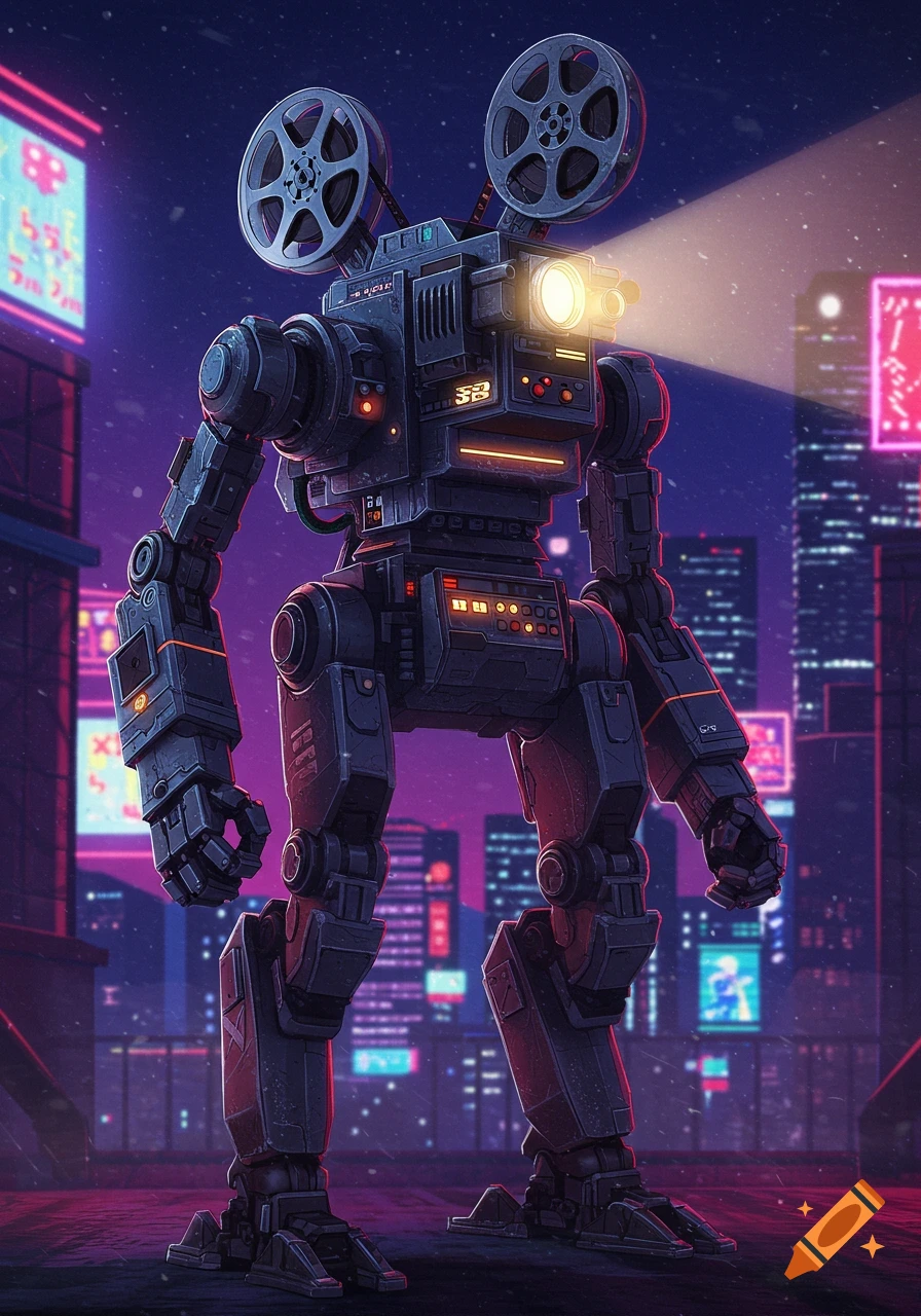 A detailed dark grey robot resembling a 35mm film projector with large reels stands in a neon-lit cyberpunk city at night, projecting light.