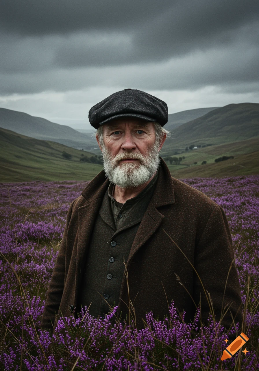 Photorealistic portrait of an elderly man with a white beard and cap, standing in a field of purple heather with mountains in background under a cloudy sky.