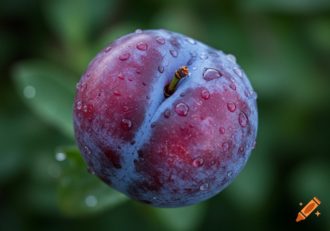 A close-up, photorealistic shot of a purple plum covered in water droplets against a blurred green background.