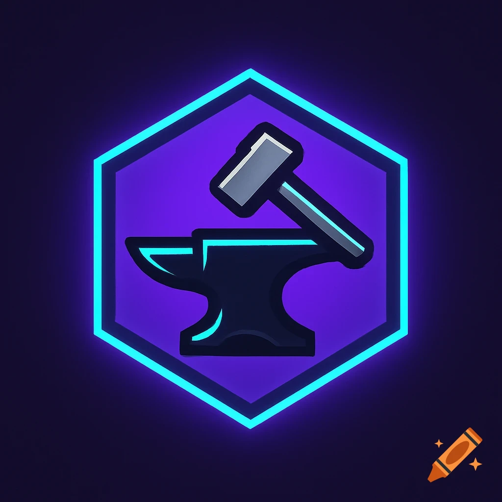 Minimalist esports logo with a black anvil and silver hammer inside a purple hexagon, outlined with neon cyan glow.