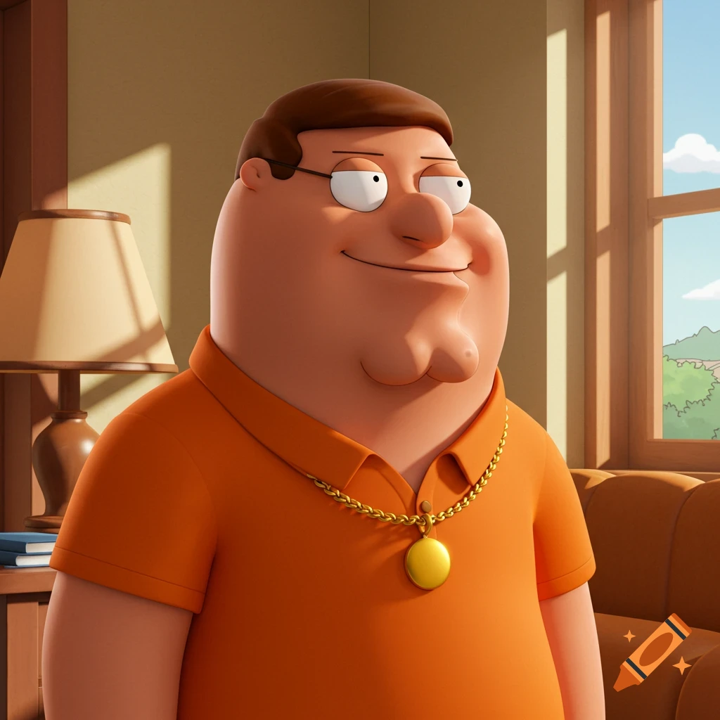 A 3D animated rendering of Peter Griffin wearing an orange polo shirt and a gold necklace, smiling in a living room.