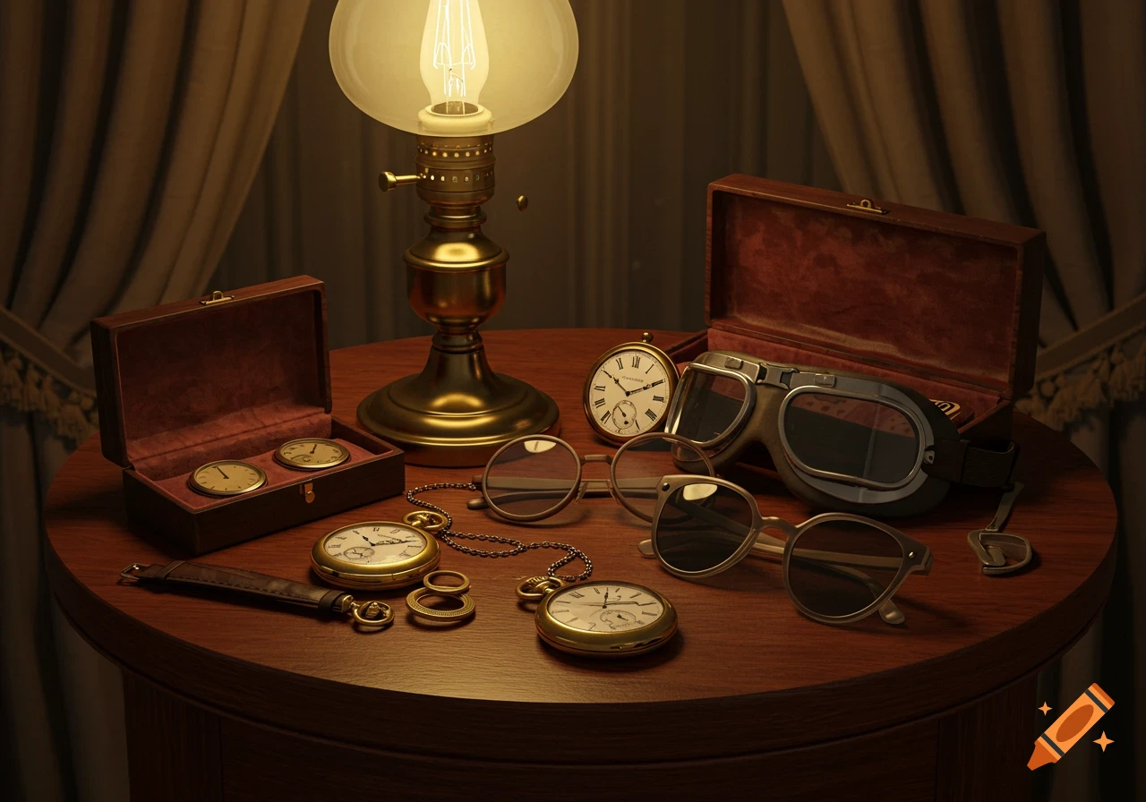 A warm-lit still life of vintage historical accessories including pocket watches, aviator goggles, and spectacles on a wooden table.