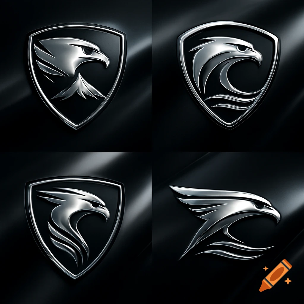 Four modern, metallic eagle head logos in varying styles, presented on a dark, reflective background.