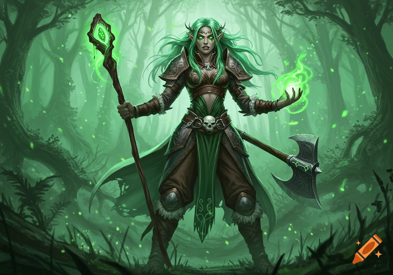 A fierce green-haired elf sorceress in fantasy armor stands in a glowing green forest, wielding a magical staff and axe.