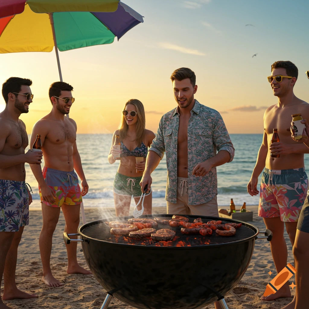 Photorealistic image of friends grilling meat on a beach at sunset, enjoying drinks.