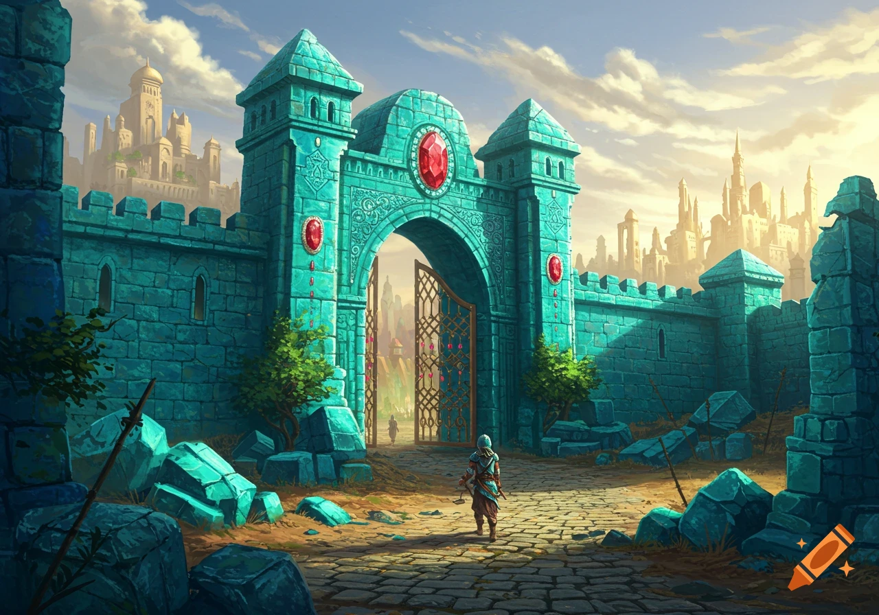 A person walks towards a grand turquoise castle gate with red jewels, leading to a fantasy city under a cloudy sky.