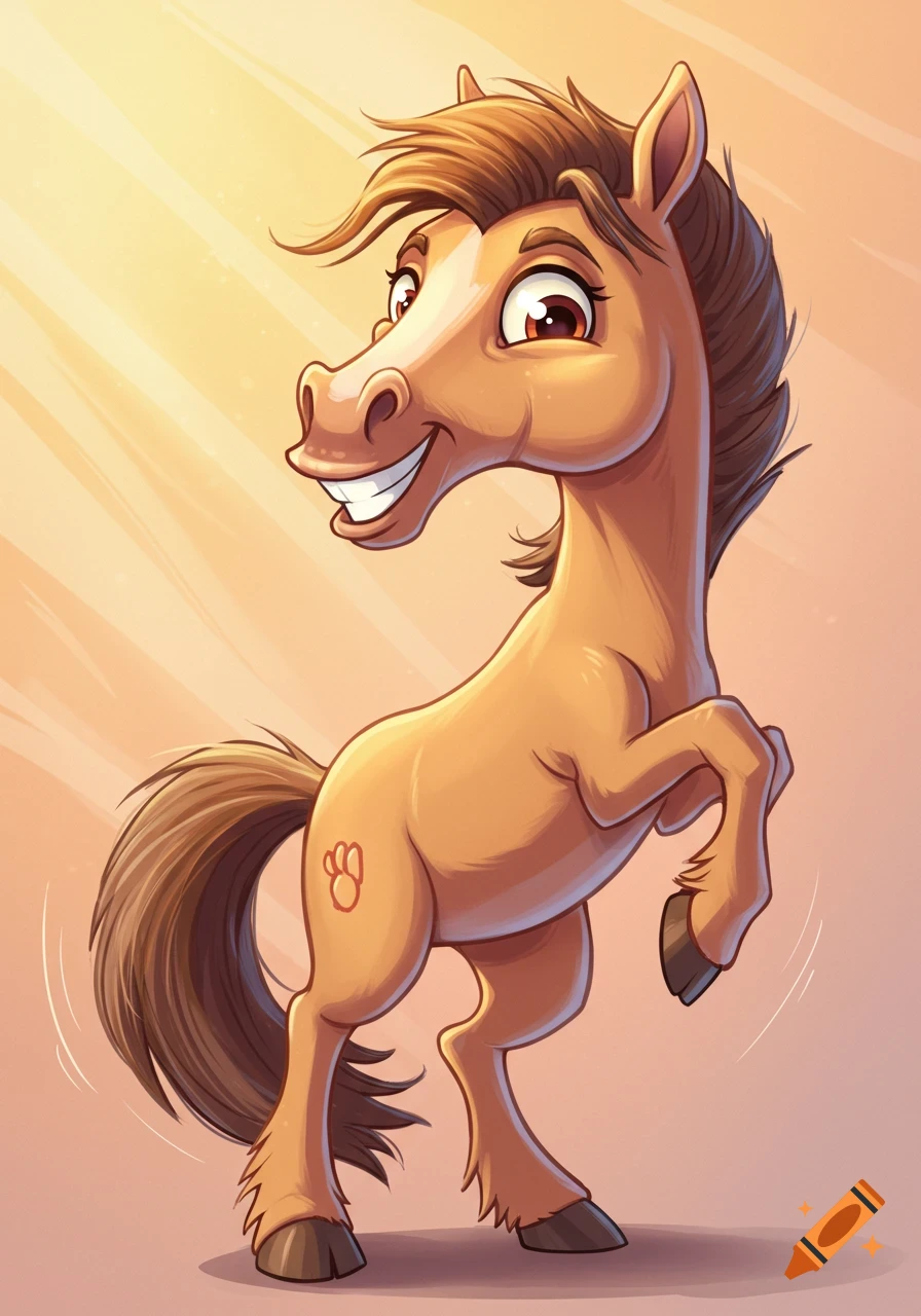 A cheerful brown cartoon horse with a big smile rears up on its hind legs.