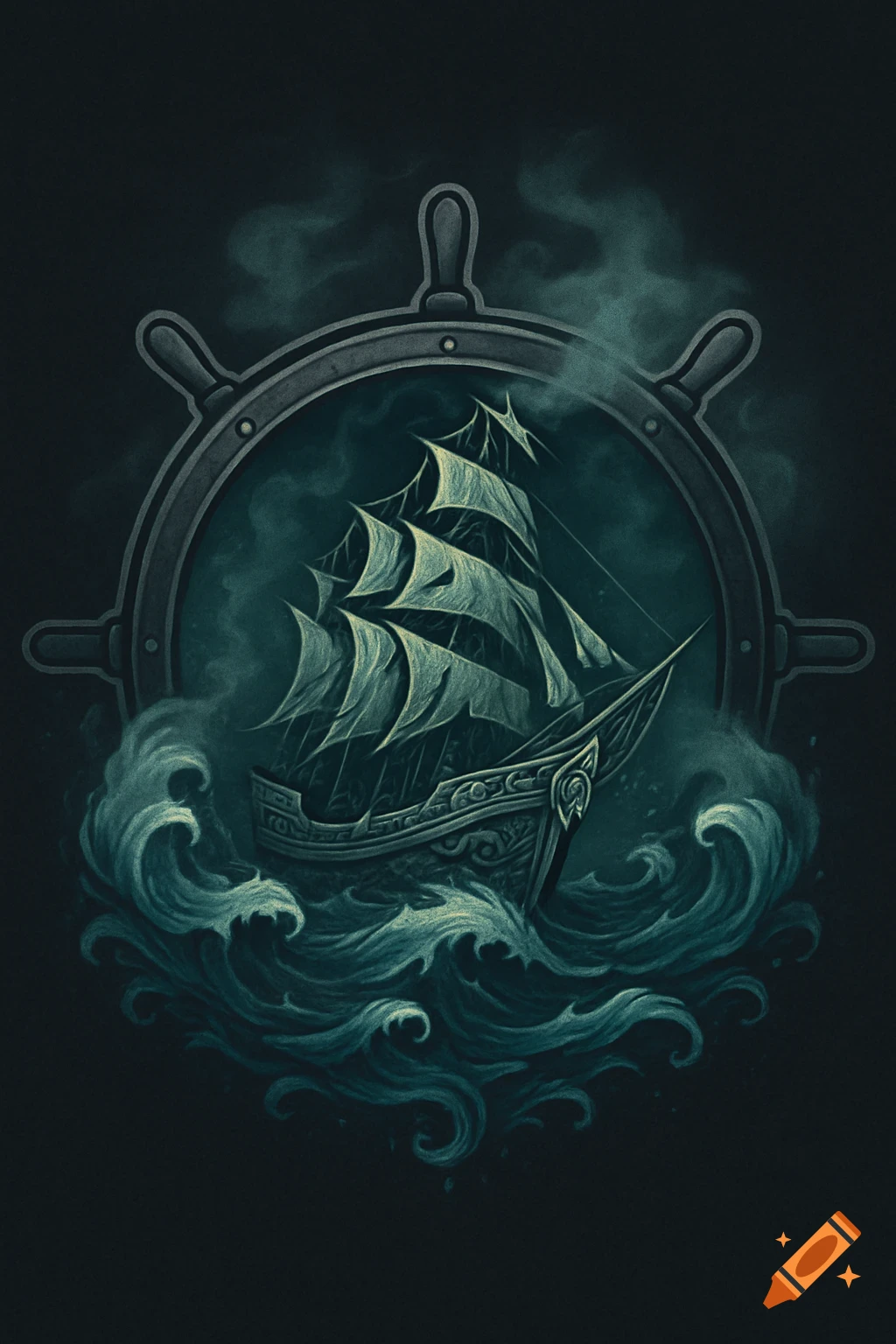 Stylized illustration of a tall ship battling stormy waves, framed by a ship's wheel. Dark teal and grey tones.