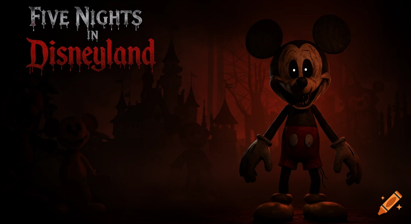 Horror-themed poster for 'Five Nights in Disneyland' with a menacing, animatronic Mickey Mouse in a dark, red-lit amusement park.